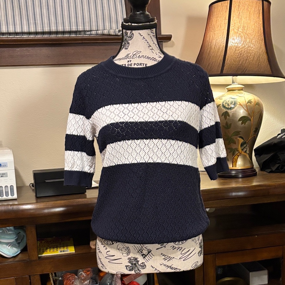1901 Navy and White Women's Crew Neck Sweater
